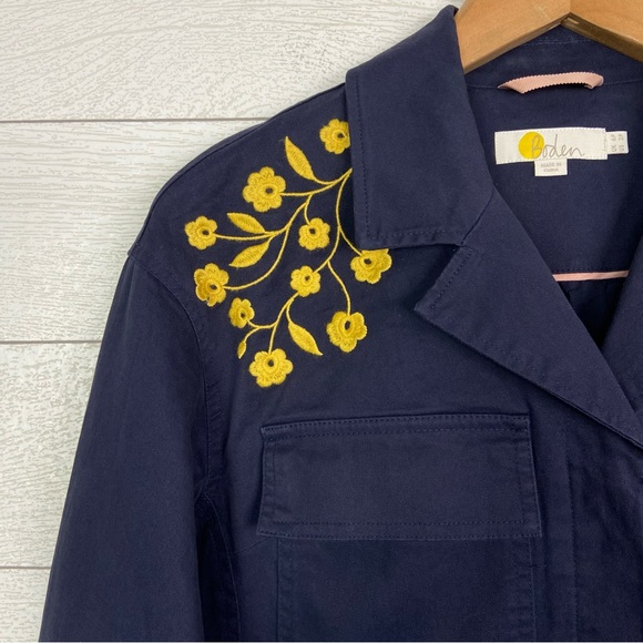 BODEN Embroidered Utility Jacket Navy Blue Yellow Floral 2 Petite Button Cotton - Picture 4 of 5